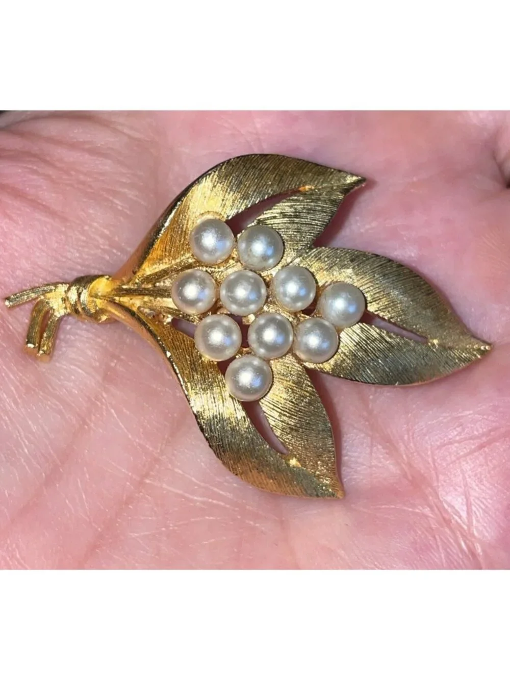 Vintage JJ Leaf Brooch Gold-Tone Faux Pearl Figural Pin Jonette Jewelry Signed